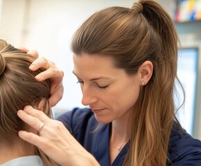 Fototapeta premium Portrait of a Female Medical Professional Examining a Patient in a Healthcare Facility