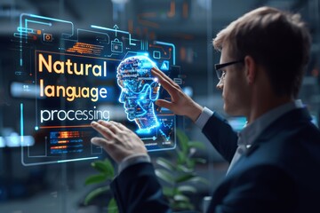 businessman interacting with virtual screen showcasing natural language processing AI technology concept for web design and business