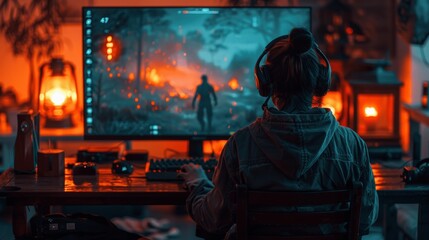 gamer guy playing video game on computer with multiple monitors keyboard mouse headphones in dark room with action battle scene on screen rgb lights