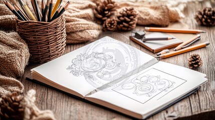 An open sketchbook with a drawing inside, on a wooden table with pencils, pine cones, and a knitted throw.