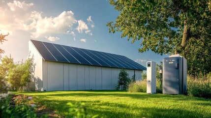 Obraz premium Solar energy home battery storage system, providing backup power and contributing to a green, sustainable energy solution