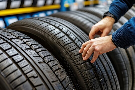 Hands inspecting tires at automotive shop