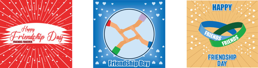 Creative text Happy Friendship Day. Diverse international group support. Happy friendship day greeting card with two bracelets symbolizing friendship. Set flat vector modern illustration