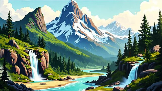 Isometric mountain landscape with wild terrain forests rocks river and waterfall vector set