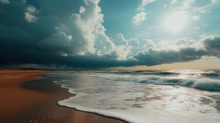 Naklejka premium A Coastal Landscape with Dramatic Clouds and Foamy Waves
