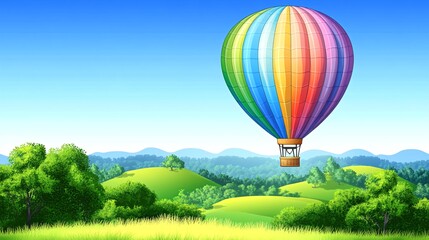 Naklejka premium Colorful hot air balloon flying over green hills and blue sky.