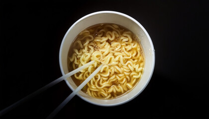 Noodle, instant, cup, fast, soup, easy, meal, chopsticks, top view, black background