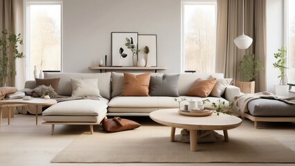 : Contemporary living room in Scandinavian design, highlighting simplicity, natural materials, and an uncluttered, harmonious space.-