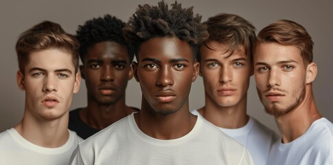 Obraz premium Multicultural group of five male models wearing t-shirts, confident and diverse men standing close together, studio portrait on grey background