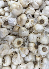 Garlic bulbs displayed at a market stand