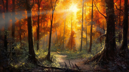 the light of the sun shining through the forest trees