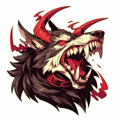 Obraz premium A fierce, stylized wolf's head with sharp teeth and horns, showcasing a dynamic and aggressive design.