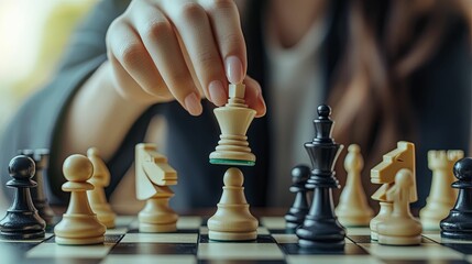 A woman's hand moves a white queen chess piece on a chessboard