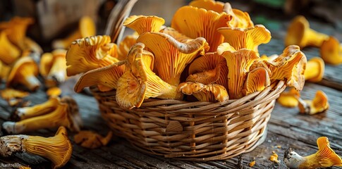 Fresh Chanterelle Mushrooms in a Wicker Basket on a Rustic Wooden Table