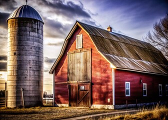 Rustic Red Silo and Barn in Minimalist Rural Landscape Photography