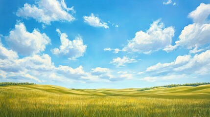 Fototapeta premium Rolling Green Hills Under a Blue Sky with Fluffy White Clouds