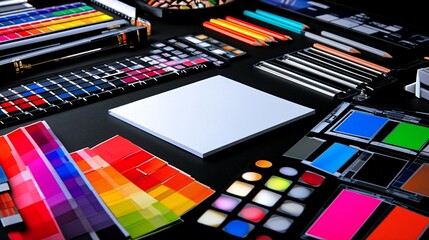 Flat lay of blank sketchbook surrounded by colorful art supplies on black background.