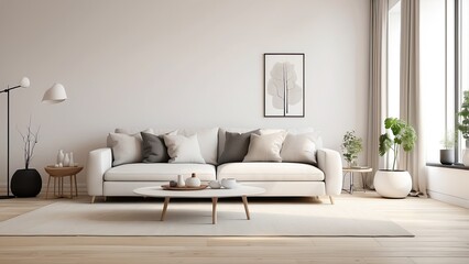 Fototapeta premium Minimalist Scandinavian living room with a white sofa on wooden parquet flooring, showcasing clean lines and a serene,