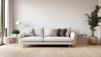  Modern Scandinavian interior featuring a white sofa on light wooden parquet, emphasizing minimalist decor and 