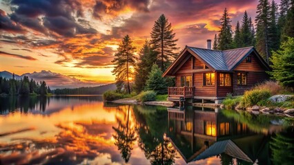Fototapeta premium Scenic Cabin by the Lake at Sunset - Serene Architectural Photography