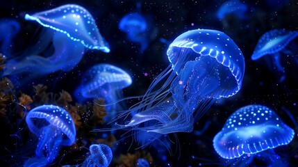 Obraz premium A mesmerizing underwater scene featuring glowing jellyfish in a dark ocean environment.