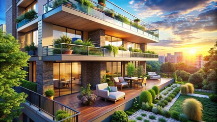 Fototapeta premium Sleek residential structure showcasing chic balconies, merging cutting-edge architecture with urban lifestyle, providing a sophisticated living experience that harmonizes style 