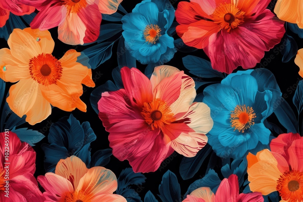 Poster bright, oversized flowers in various colors create a bold contrast with a black background, highligh