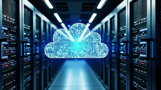 Blue cloud hovers in the center of a server room, surrounded by computer servers and cables, The transformation from traditional computing to cloud technology