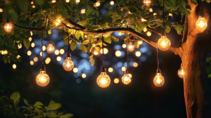 Decorative string lights on garden tree at night, festive outdoor ambiance