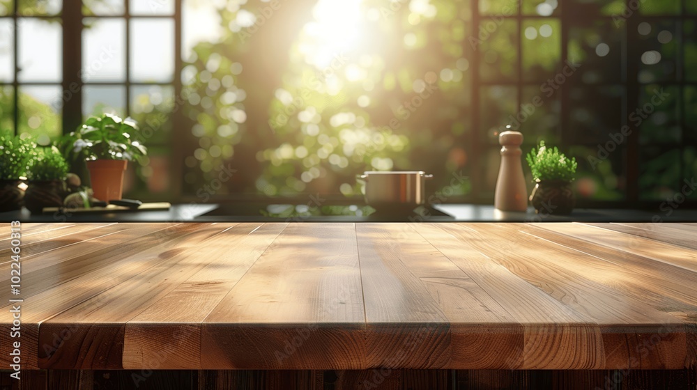 Canvas Prints empty wooden table with blurred kitchen background for product display