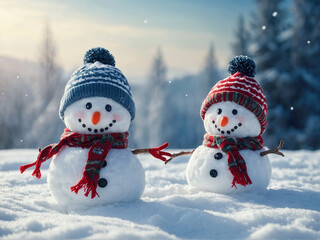 Obraz premium Two happy snowmen with knit hats and scarves stand merrily in the snow, embodying winter joy.