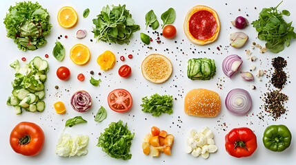 Fresh Ingredients Array - Topdown View of Colorful Selection for Salads, Sandwiches, Hamburgers, Pizza - Modern Culinary Background