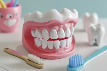 Obraz premium Essential dental hygiene: toothbrush and teeth in focus, significance of oral care, effective brushing for cavity prevention, overall mouth health, daily dental routines for radiant smile.