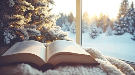 Open book on a windowsill with a snowy winter scene outside.
