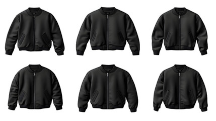 Collection of Minimal Vector Black Baseball Bomber Varsity Jackets | Front, Back, and Side Views on Transparent Background Cutout | Graphic Design Mockup Ready