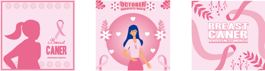 Breast cancer awareness month. Breast Cancer Awareness Month Social Media Stories. Elegant breast cancer awareness banner flyer social media post template. Set flat vector modern illustration