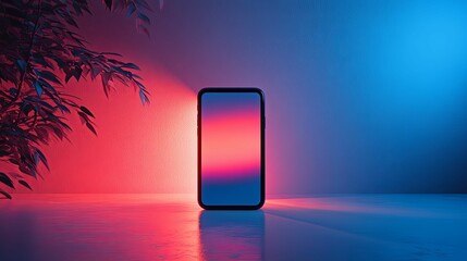 Smartphone on Reflective Surface with Neon Lights and Plant