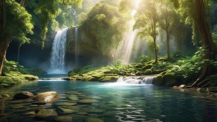 A serene waterfall hidden deep within a lush, green forest, with sunlight filtering through the canopy, creating sparkling reflections