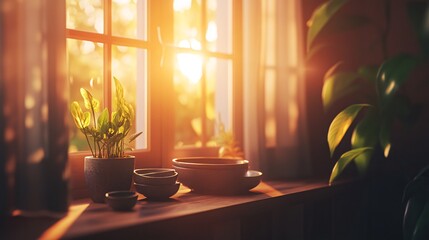 Sunlight streams through a window, illuminating a wooden windowsill with potted plants and ceramic bowls.