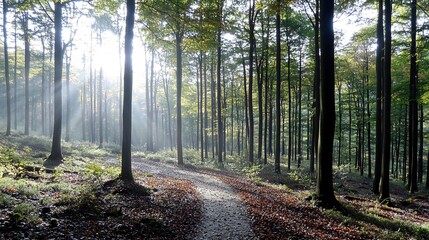 Obraz premium Sunlight streams through the trees in a dense forest, illuminating a path leading into the woods.