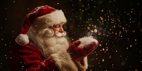 Santa claus in red suit blowing snow from his hands with magic sparkles floating in the air against a dark background.