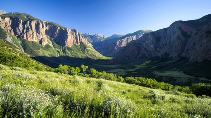 Obraz premium A stunning valley landscape with vibrant greenery and towering mountains under a clear blue sky.