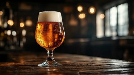 A Glass of Golden Beer on a Wooden Bar Counter