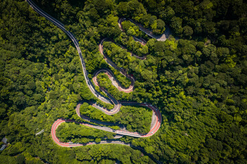 Aerial view of a winding mountain road in Fuji-Hakone Izu National Park, Japan