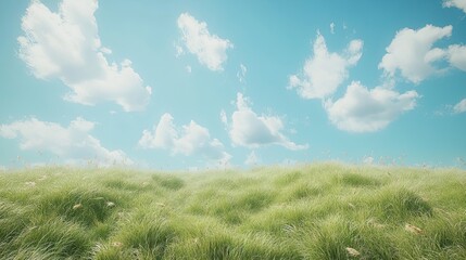 A grassy field with a blue sky and white clouds above