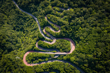 Aerial view of a winding mountain road in Fuji-Hakone Izu National Park, Japan