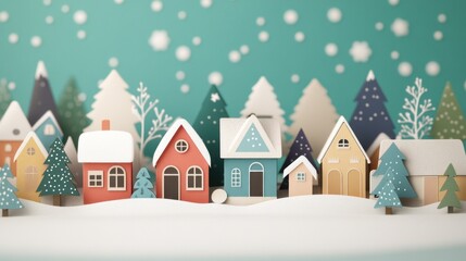 Charming winter scene of paper-style houses with snowy rooftops and cozy details