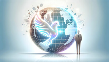 Holographic Peace Dove with Glowing Globe on White Background - Symbolizing Global Human Rights and Peace in a Flat Vector Illustration