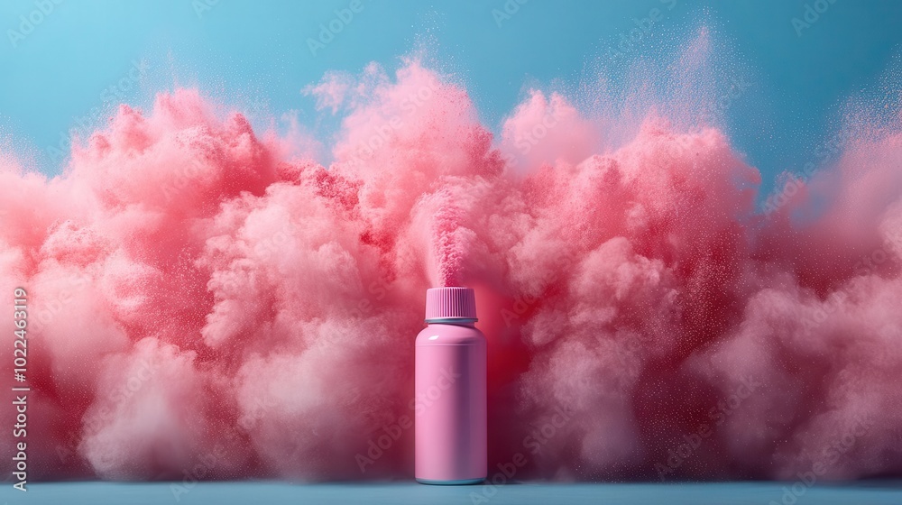 Wall mural pink aerosol can releasing a burst of colorful powders creating a dynamic and playful cloud capturin
