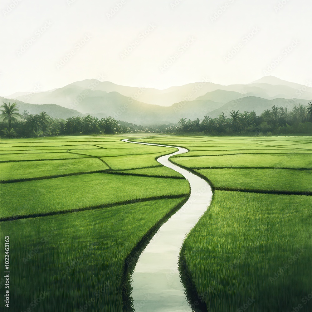 Sticker Winding River Through Rice Paddy Fields.